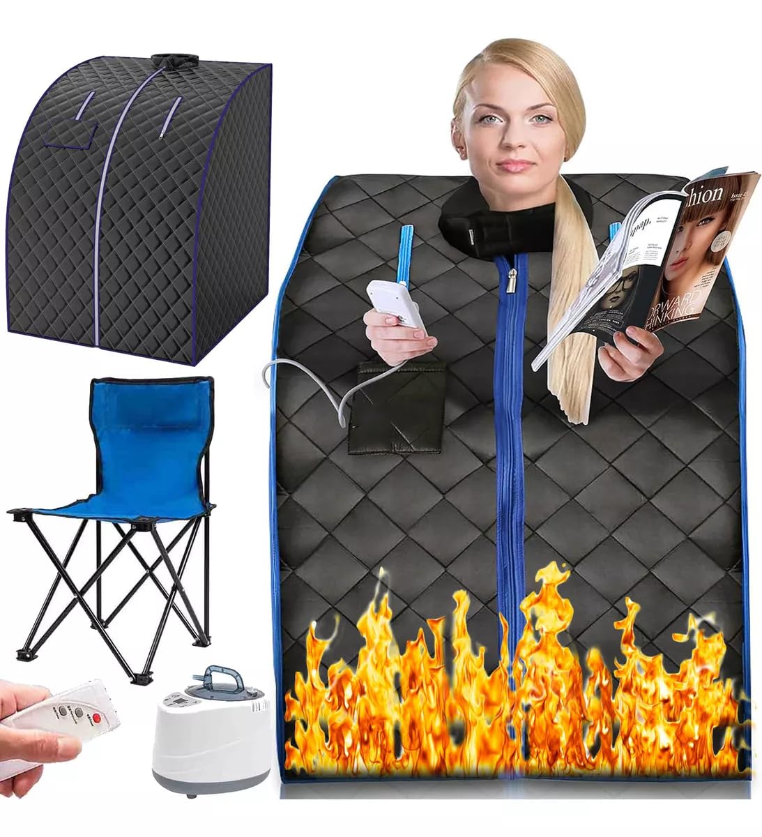 Sauna de Vapor Portátil Casera, Sauna Individual, Generador de Vapor de 1000W 2,6L, 9 Niveles de Temperatura, Temporizador de 60 Minutos, con Mando a Distancia y Silla Plegable(azul)