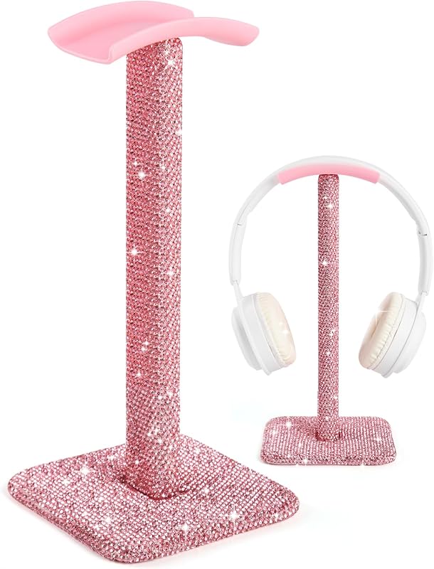 Pink Headphone Stand for Desk, Cute Rhinestone Bling Headset Holder | Pulchrum sparkle kawaii aesthetic piece with soft headrest, gamer girl & women setup, teen birthday gift, crystal Y2K decor