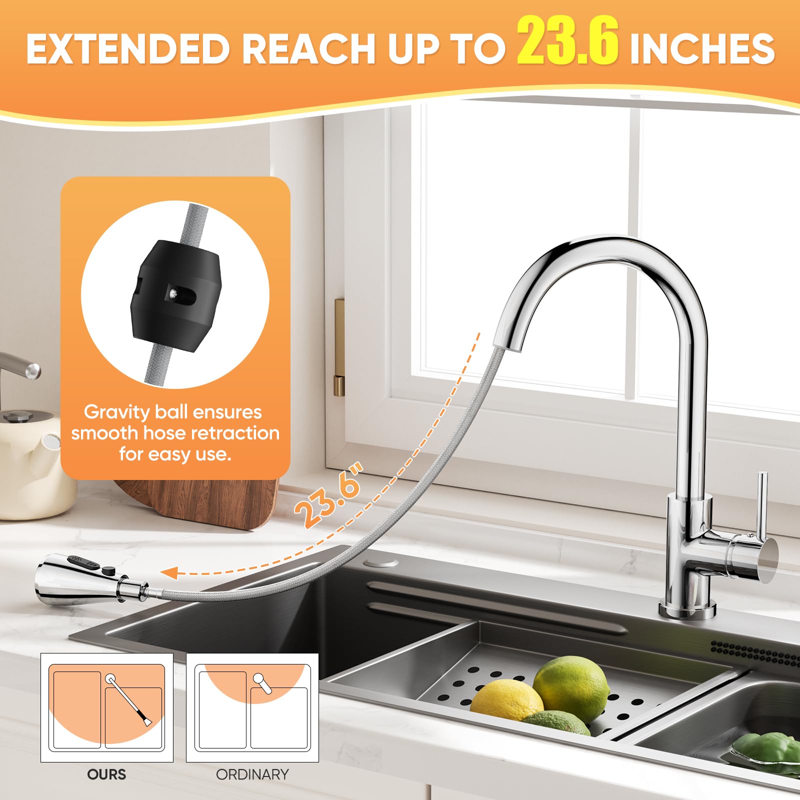 BESy Kitchen Sink Tap with Pull Out Sprayer, 3-Mode Pull Down Mixer Tap, Stainless Steel High-Arc 360° Swivel - Image 3