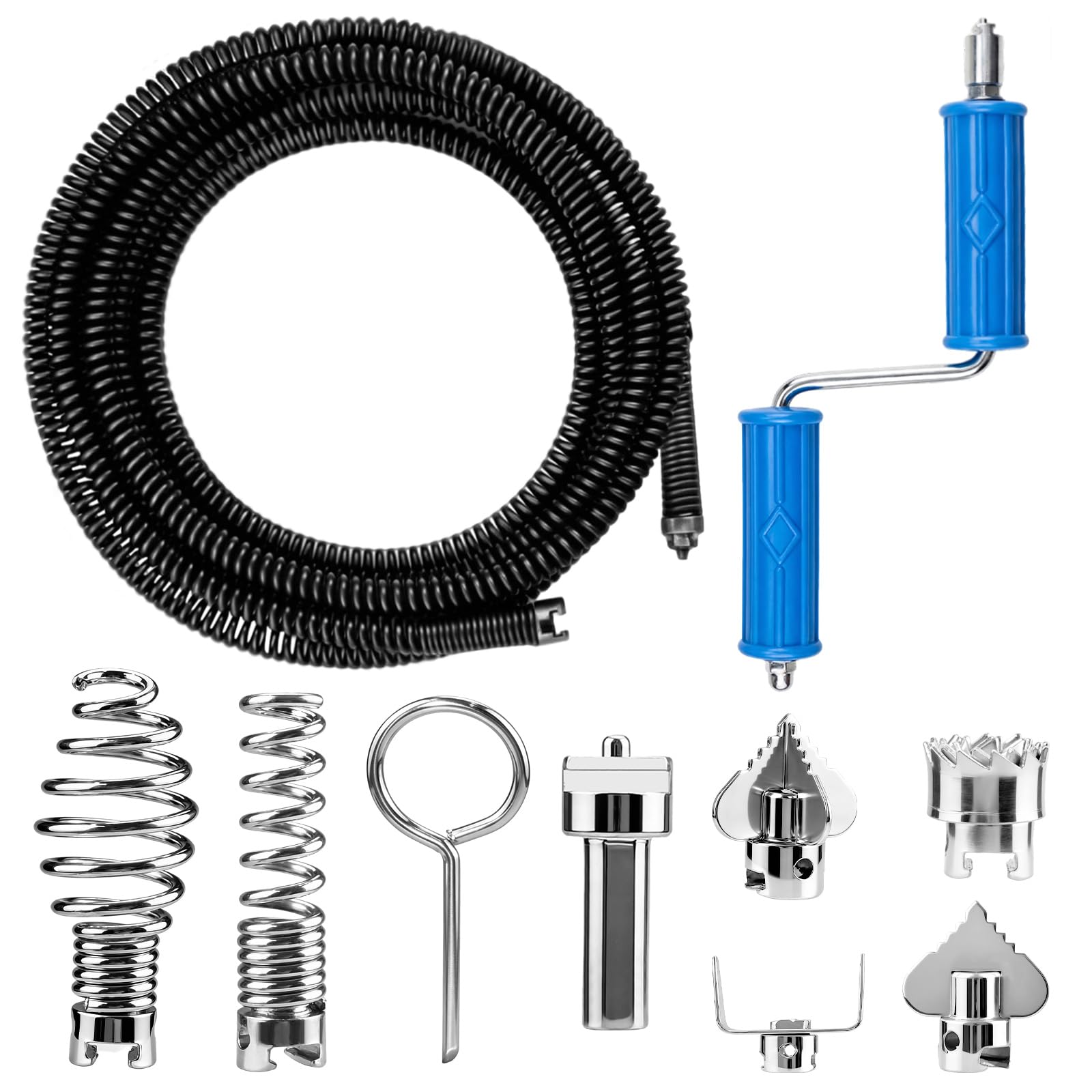 Spirale per la pulizia dei tubi da 5 m, 12 mm, con 6 testine di taglio e strumento manuale, strumento di sblocco a manovella, strumento di sblocco per lavello da cucina, drenaggio del bagno, pulizia