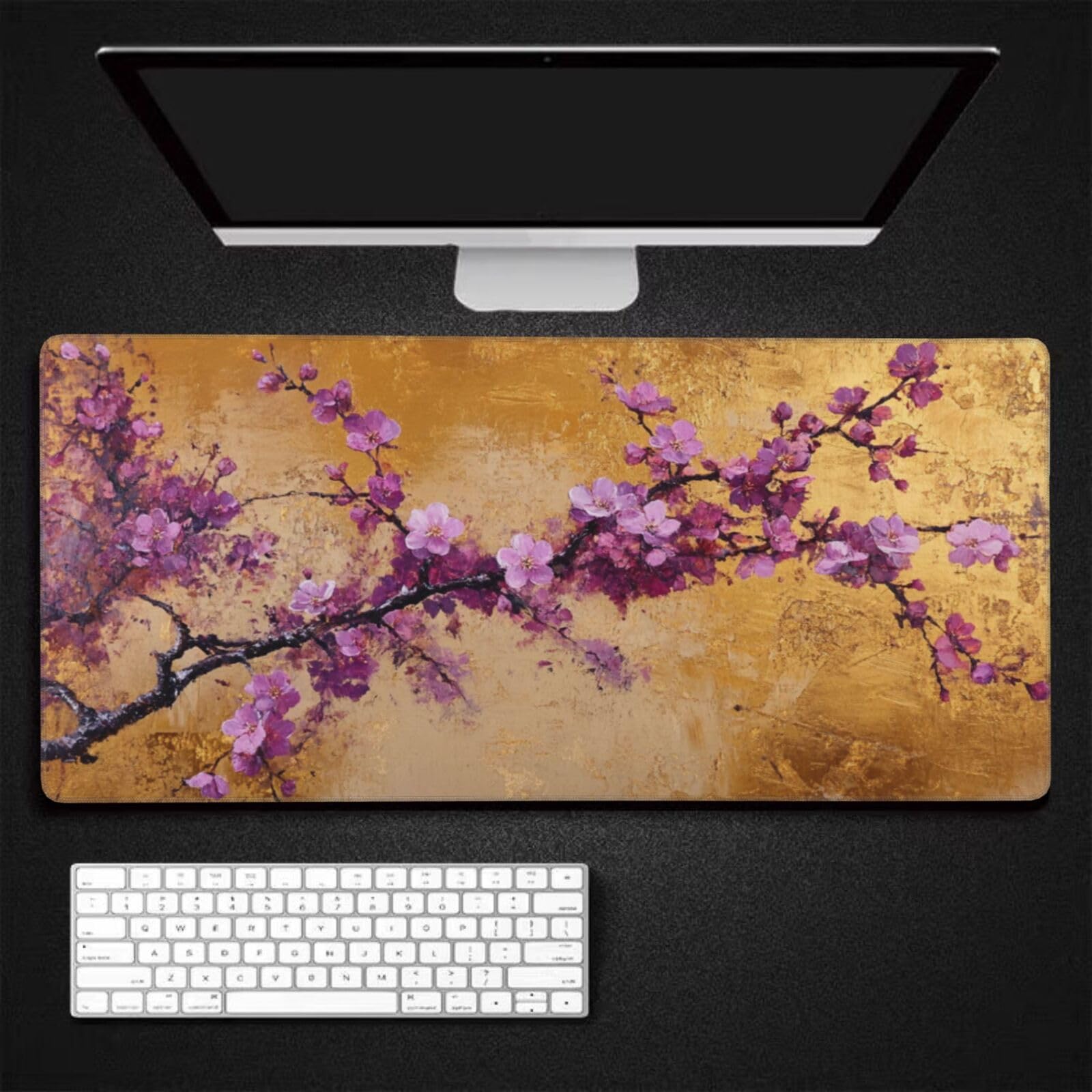 Tappetino Mouse XXL Fiore & Viola, 100 x 50 cm Tappetino da Scrivania G452 | Tappetino per Mouse, Base in Gomma Antiscivolo, Superficie Impermeabile, Bordi Cuciti, Tappetino Scrivania per Ufficio, Gioco