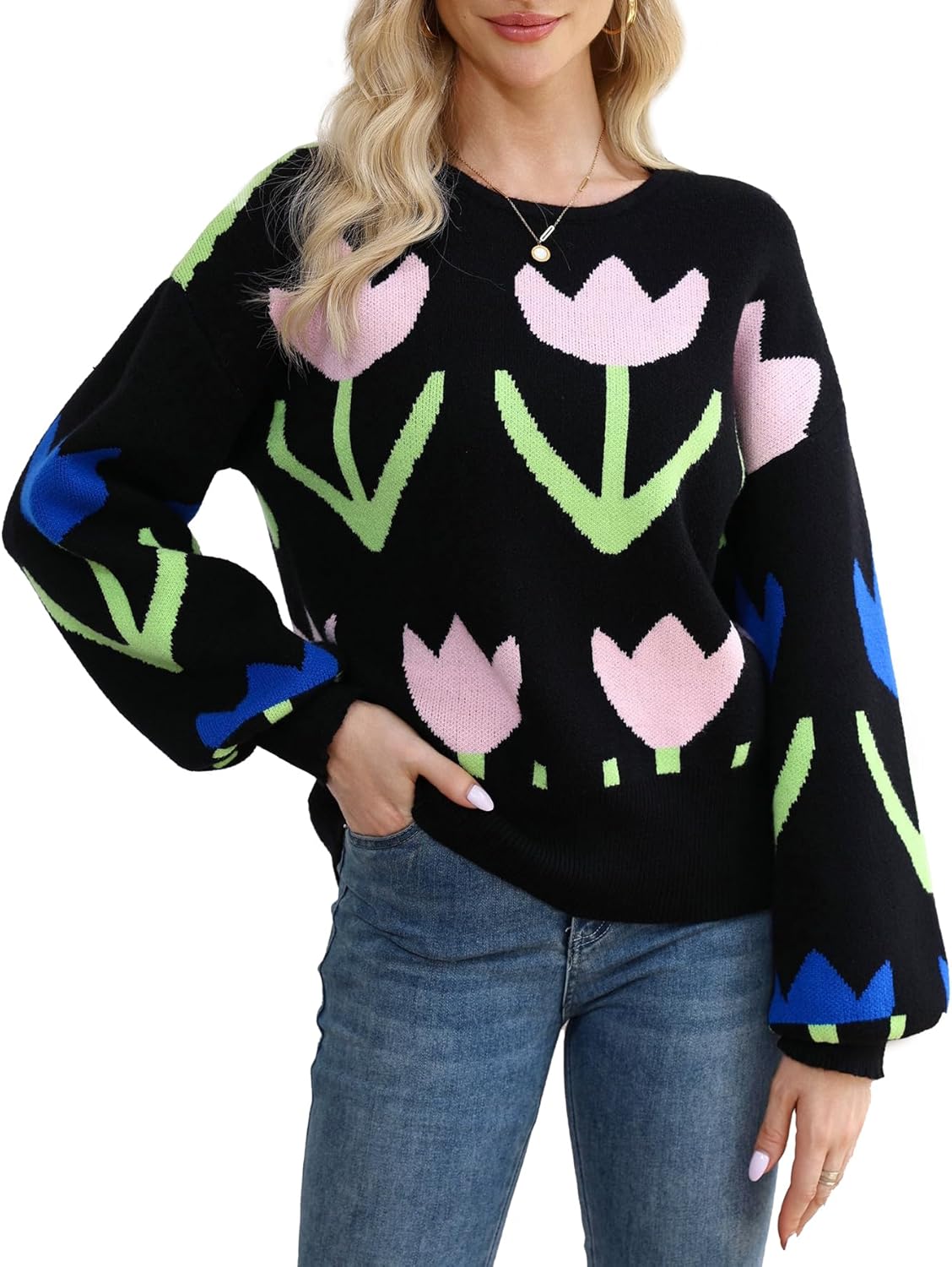 Kedera Womens Floral Geometric Knit Sweater Pullover Crewneck Long Sleeve Flower Printed Fall Trendy Dressy Sweater Outfit