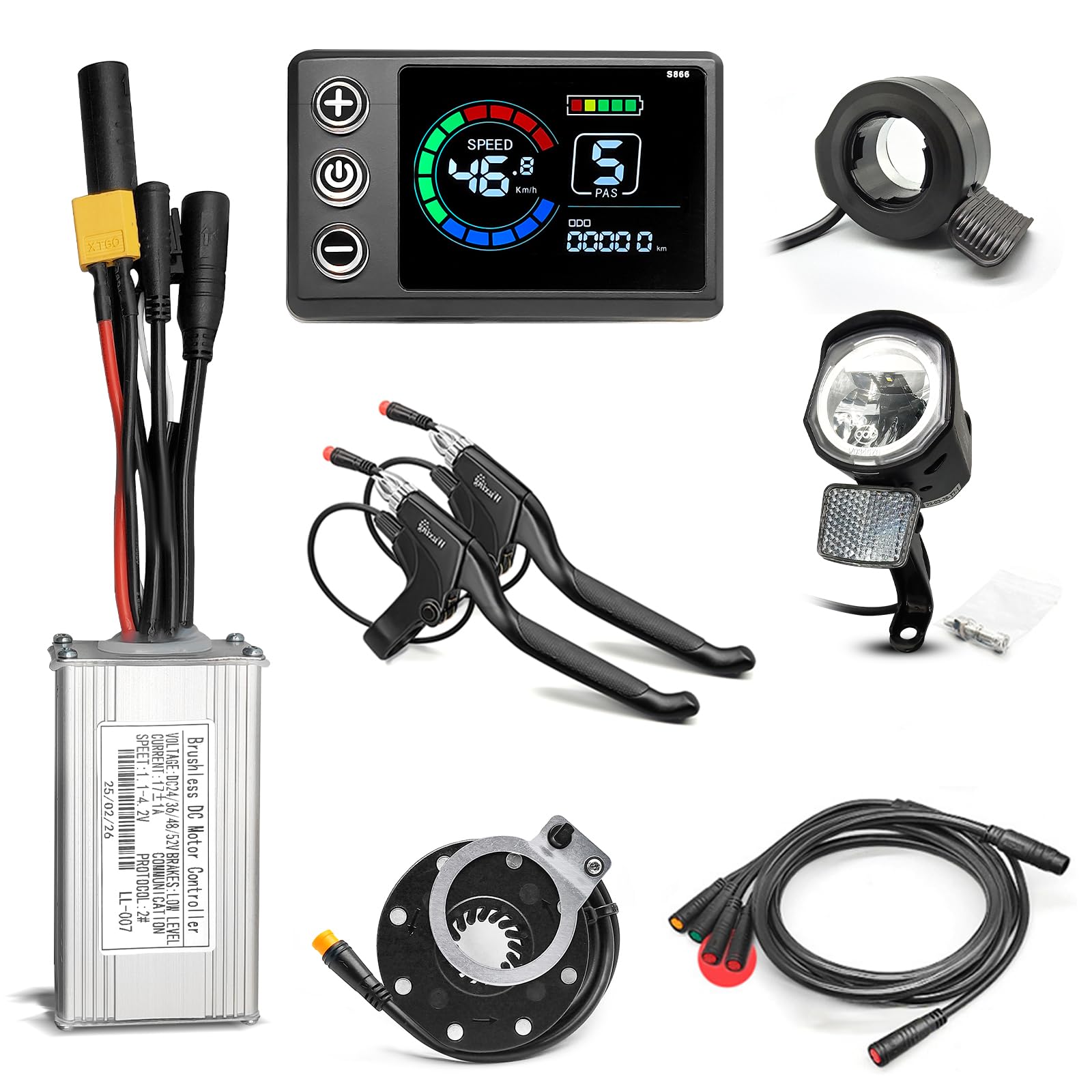EBike Conversion Kit 350W/800W, 36V/48V/52V 17A 26A Brushless Sinewave Controller Color LCD CS866 with USB Display for Electric Bicycle Scooter Mountain Bike Parts