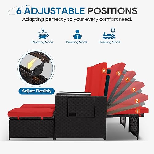 Miniatura 3 de Tumbona de mimbre para exteriores, 5 piezas, silla reclinable ajustable de ratán con otomana y mesa auxiliar, para patio, playa, piscina, patio