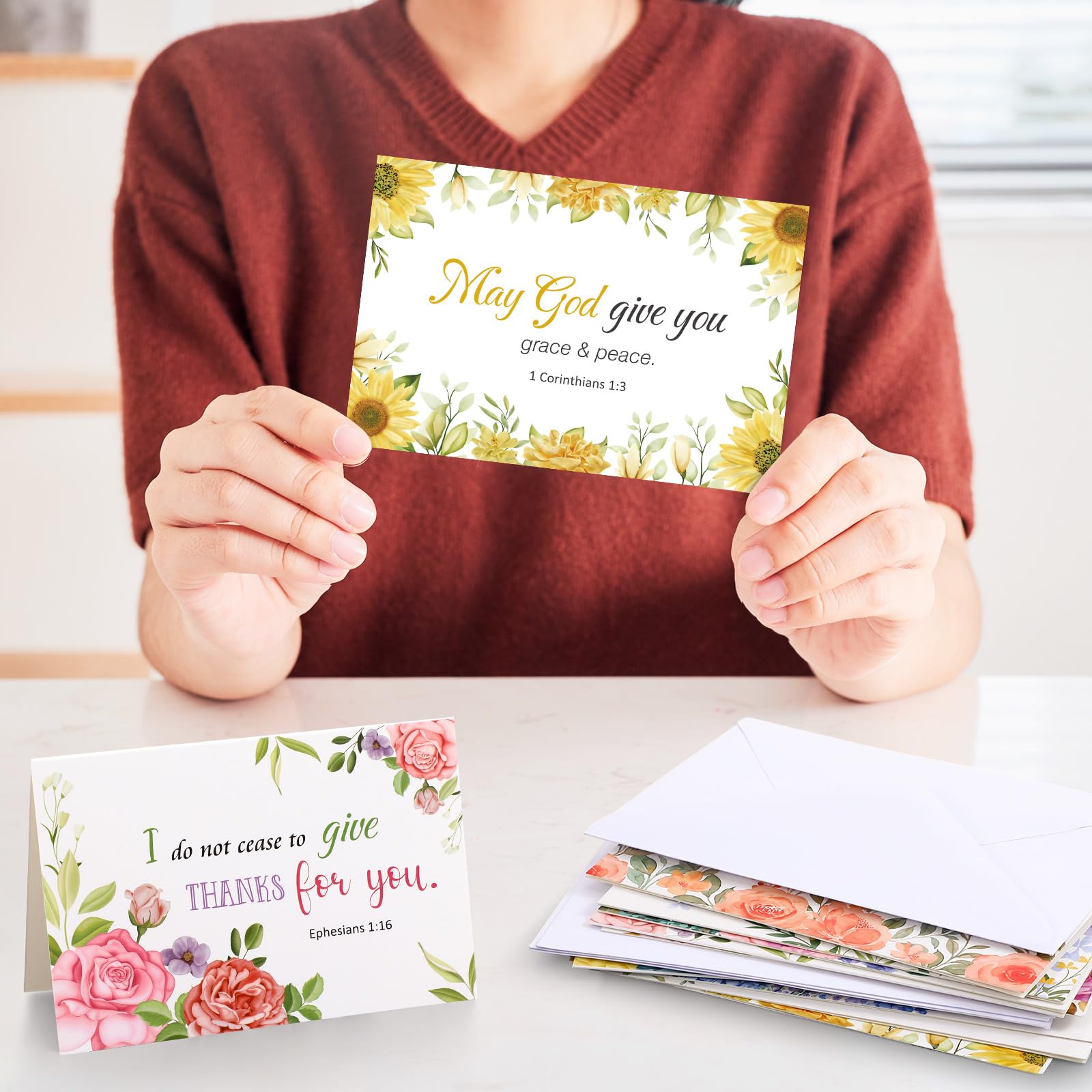Motiskyy Paquete de 100 tarjetas religiosas de agradecimiento a granel con sobres, calcomanías, 10 diseños surtidos con bendiciones de las Escrituras, versículo bíblico inspirador, tarjetas de