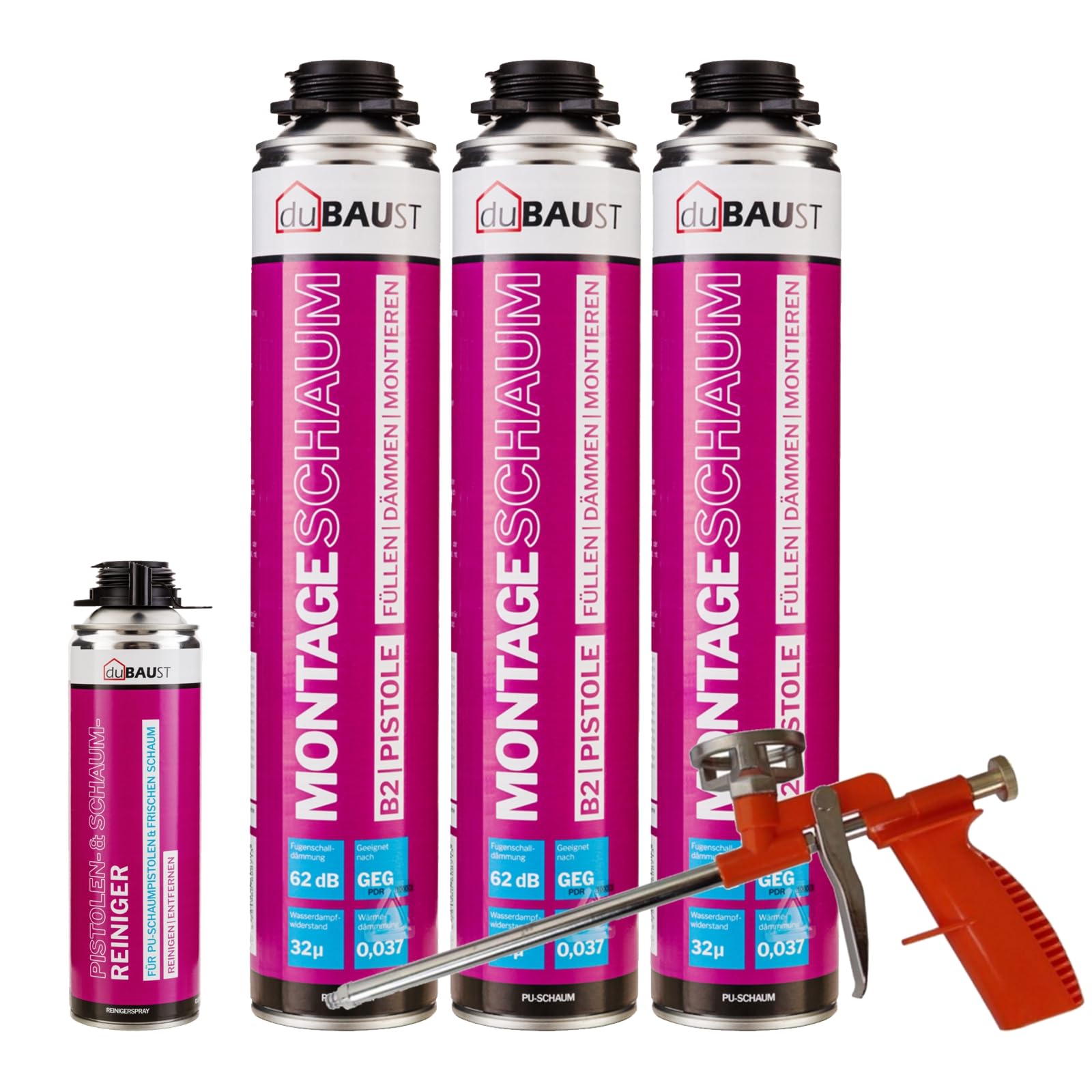 dubaust MSP24 Bauschaum Montageschaum Pistolenschaum 750ml Kombisets PU Dämmschaum hohe Schalldämmung Wärmedämmung Isolierend B2 (mit Reiniger PRS24 500ml + Schaumpistole Compact, 3x 750ml)