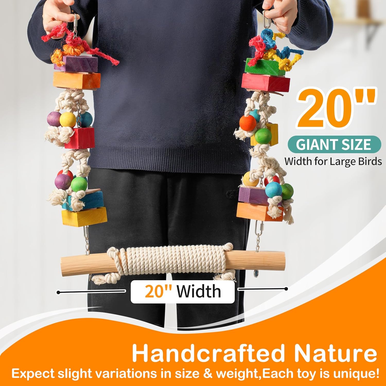Giant Bird Toy for Large Parrots - Massive 4.6 lbs Heavy Duty Macaw Toy, 20" Extra Wide Parrot Swing with Natural Wood Blocks & Cotton Rope, Refillable Foraging Bird Toy for Cockatoos, African Greys