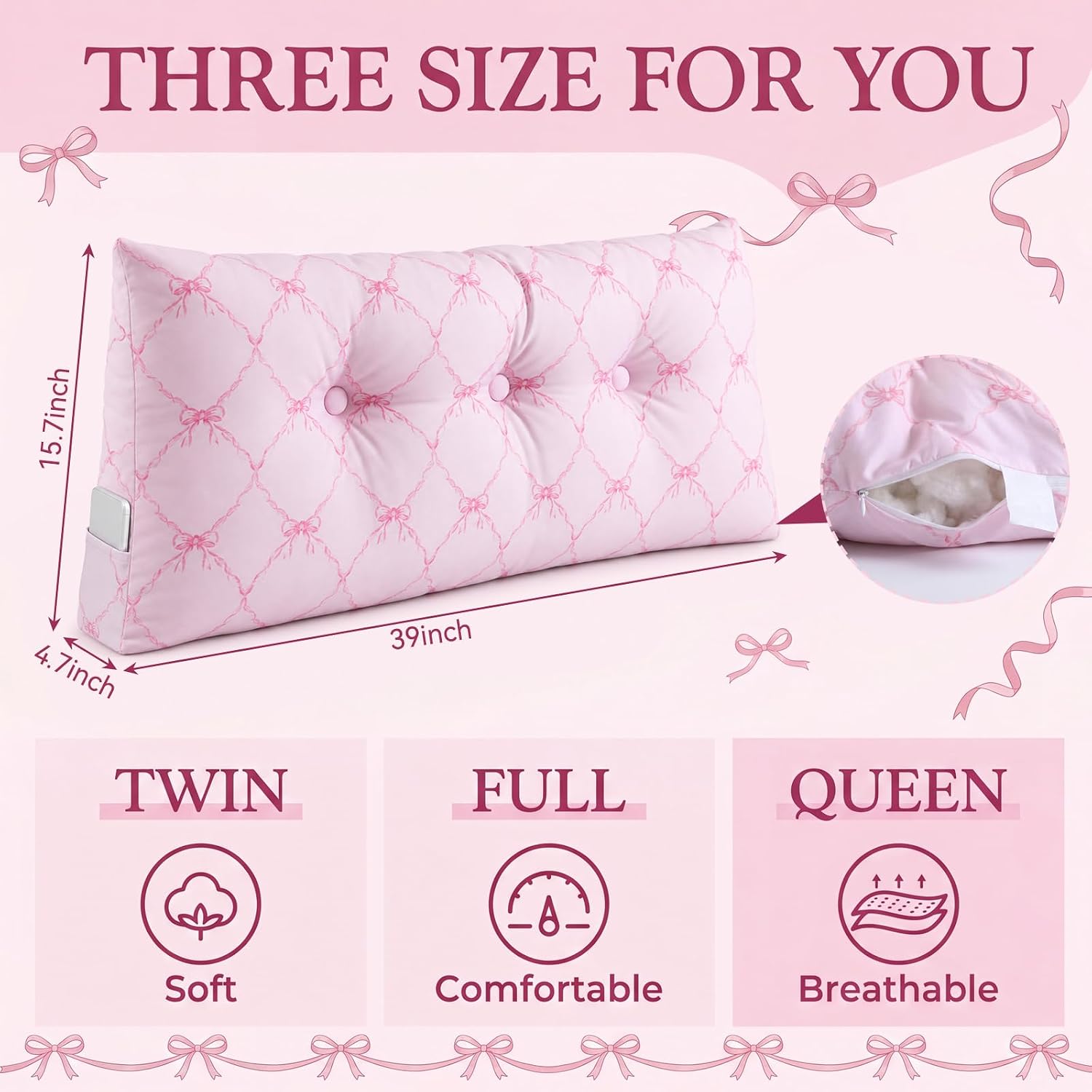 Pink Bow Headboard Pillow Twin, Polyester Fiber Triangle Pillows for Headboard, Head Board Backrest Wedge Pillow for Reading Sitting Working, Daybed Pillows with Removable Cover for Bed Dorm Sofa
