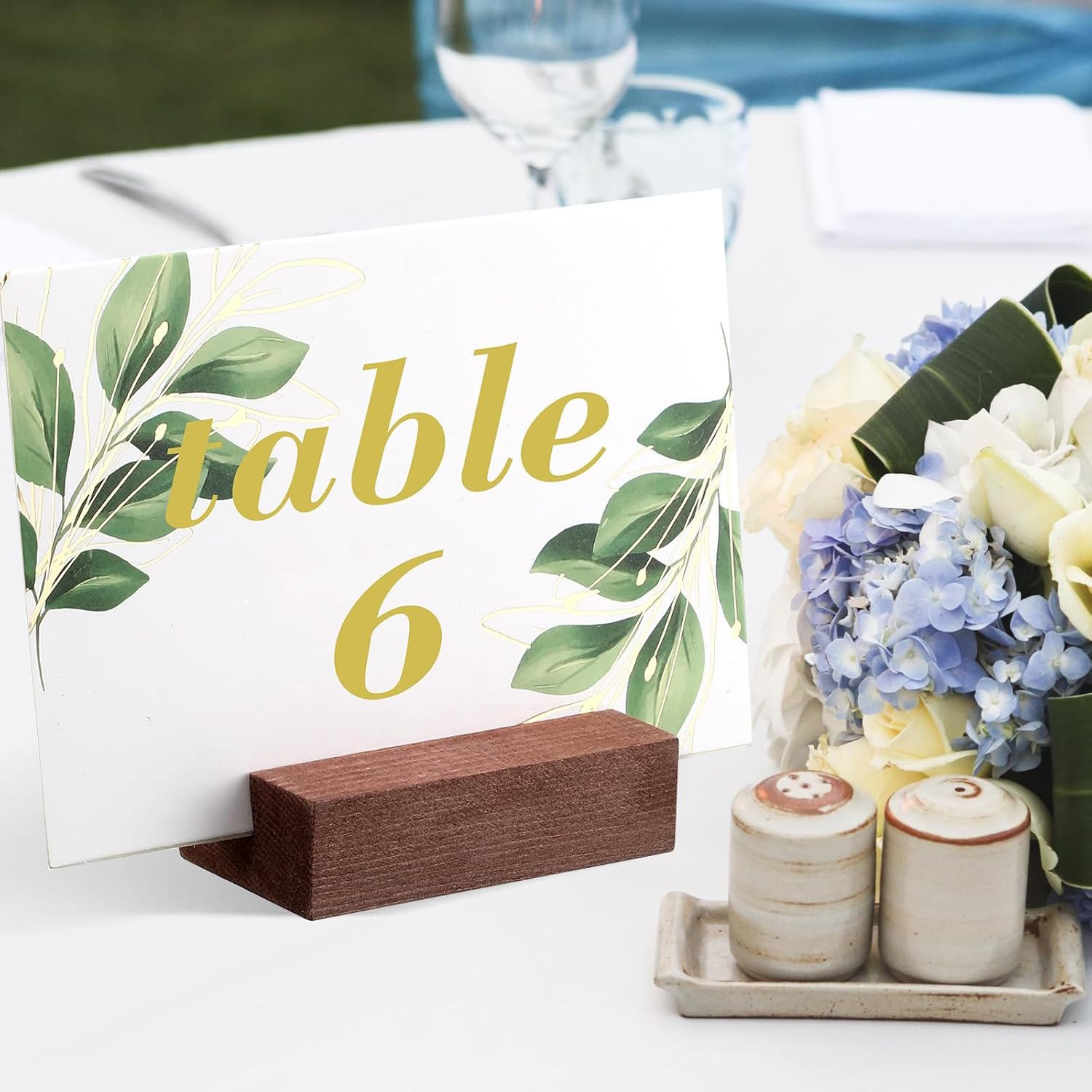 Blosssound 24 Pcs Wood Place Card Holders Black Wooden Table Number Holder Stands Name Card for Wedding Party Events Exhibition Decoration Office Restaurant Business(Brown,3 x 1.6 x 0.8 Inches) - Image 5