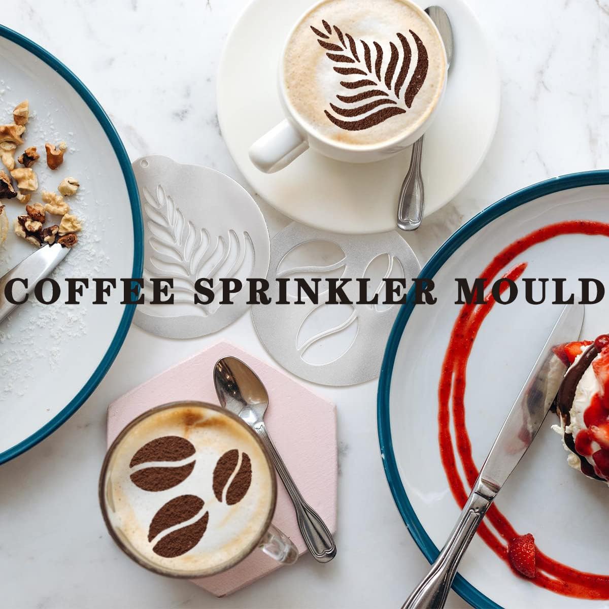 DOERDO 5PCS Stainless Steel Coffee Decorating Stencils, Coffee Decorating Stencils, Cake Decorating Tool for Mousse, Cup Cake, Birthday Cake, Coffee, Hot Chocolate