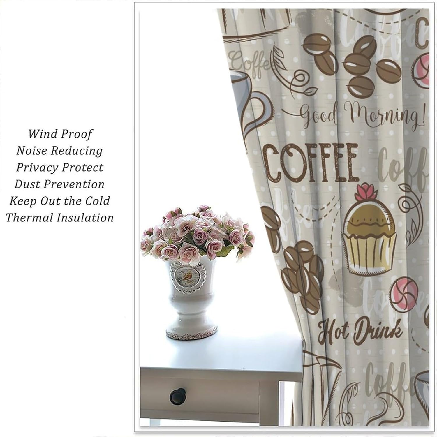 Coffee Curtains for Kitchen Window Treatments, Coffee Theme Latte Tea Cup Kitchen Curtains for Living Room Set 2 Panels 84 x 84 Inch