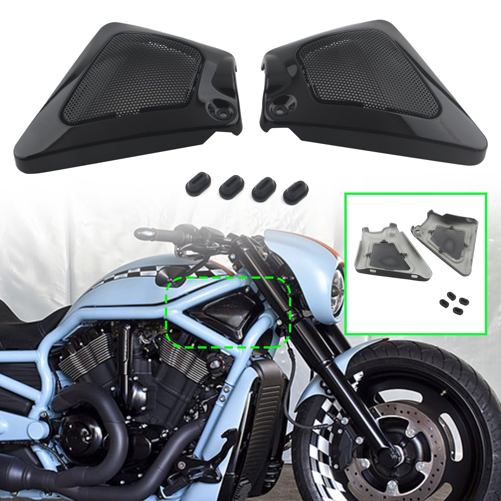 2 protectores de tapa lateral izquierda y derecha para marco de caja de aire negro para Harley V-Rod VRSCA VRSCB 2002-2006