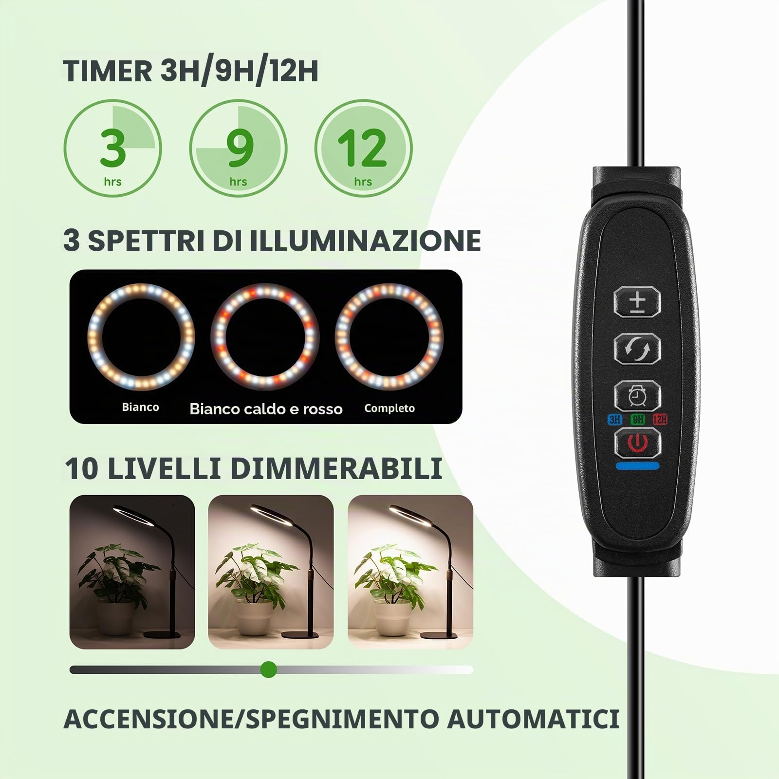 COKOLILA Lampada LED per Piante, Luce per Piante da Interno, Spettro Completo, Timer auto 3/9/12H, Altezza Regolabile 30-63 cm, 3 Modalità, Base Stabile in Metallo, Ideale per Piante da Interno
