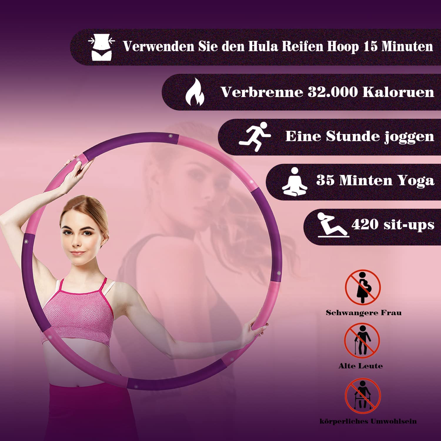 2,3kg Gewicht Hoola Hoop Fitness Hula Hoop Reifen für Erwachsene Anfänger und Fortgeschrittene 8 Teiliger und 100 cm Fitnessgerät für Zuhause Hullahub Reifen zum Abnehmen