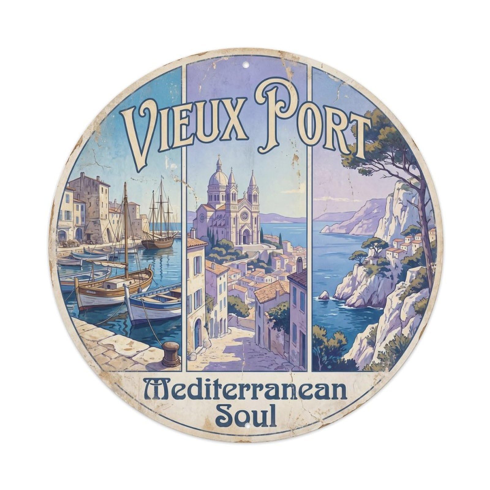 Yrnq Vintage Style Vintage Travel Oldport France Vintage Metal Tin Sign Plaque Wall Decor For Cafe, Club, Garden Round Metal Poster 8X8inch