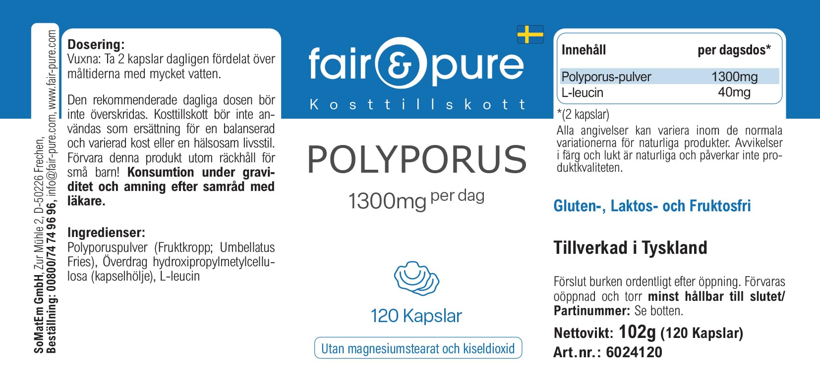 Fair & Pure® - Polyporus umbellatus - Polyporus 1300mg - Vegan - Polvere in capsule - 120 Capsule