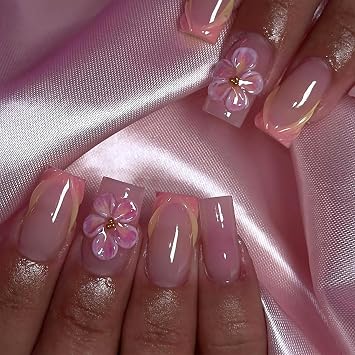 24Pcs Flower Press on Nails Short Square French Tip Fake Nails 3D Resin with Flower Resin Water Ripple French Design Full Cover Reusable Pink False Nails Spring Nails for Women Girl DIY Acrylic Nails