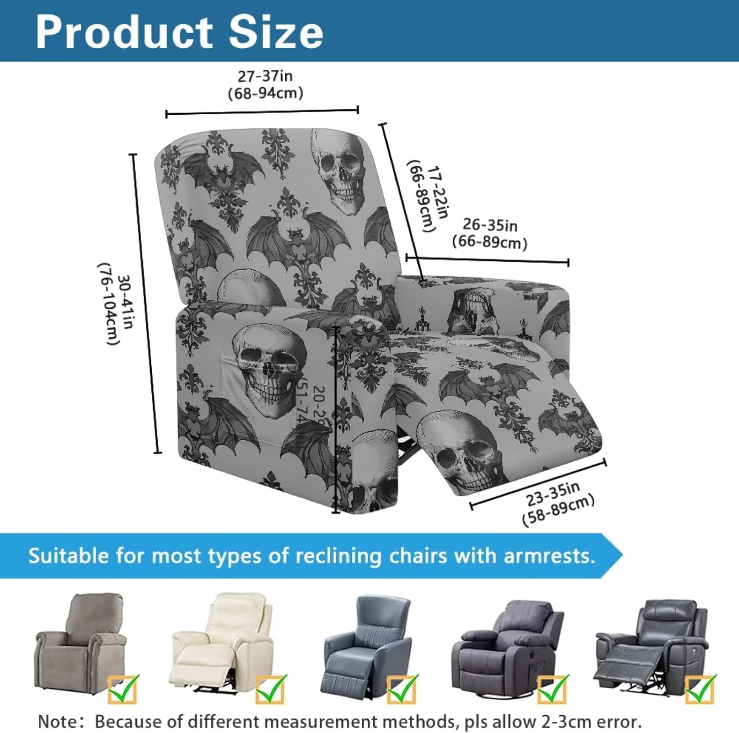 Xoenoiee Skull Bats Halloween Decor Recliner Chair Cover, 4-Pieces Stretch Recliner Covers for Recliner Chair Soft Reclining Chair Slipcover Furniture Protector for Pets Kids