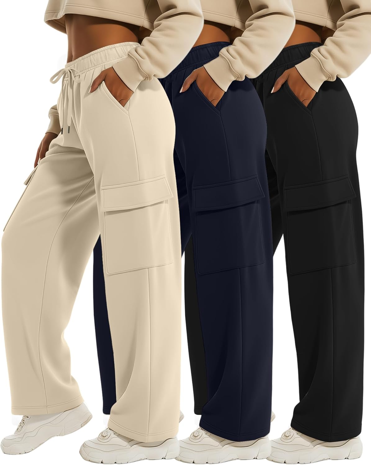 Velvelhall 3 Pack Women's Cargo Sweatpants Wide Leg Baggy Elastic Drawstring Pants Casual Athletic Joggers with 4 Pockets