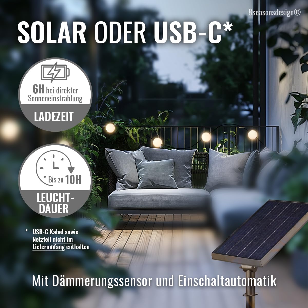 8 seasons design Solar Lichterkette Garten, 5,5m - Glowing Elegance - dimmbar, 6 weiße Kugeln (10 cm D), LED warmweiß, Akku, für außen & innen, inkl. Fernbedienung, mit USB-C aufladbar