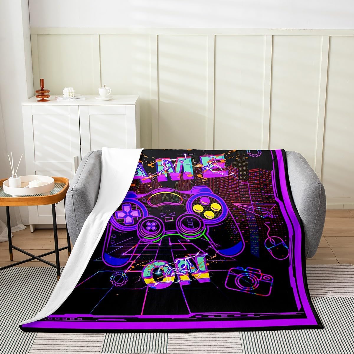 Feelyou Gaming Plush Throw Blanket, Gamer Neon Purple Blue Flannel Fleece Blanket for Kids Hippie Graffiti Game Room Decor All Season,Bed Blanket Breathable Modern Gamepad Queen 90"x90"