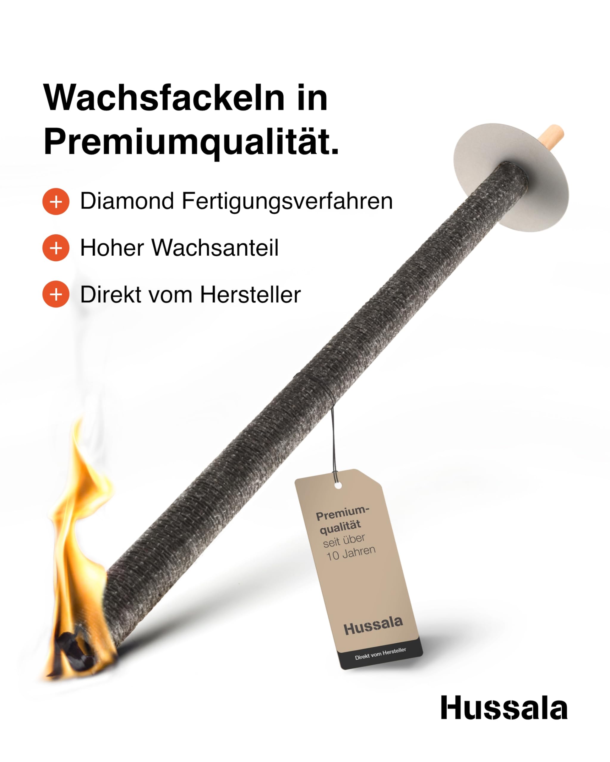Hussala Diamond Wachsfackeln [10 Stück / 90 min] mit Holzstab und Tropschutz, Garten Fackeln aus Diamond-Wachs