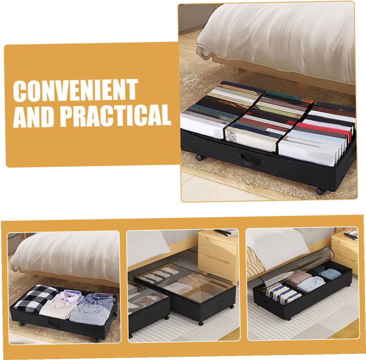 Bed Storage Bin with Wheels 3-grid Oxford Cloth Large Capacity Zippered Clothes Organizer Dustproof Storage Box for Bedding and Clothing