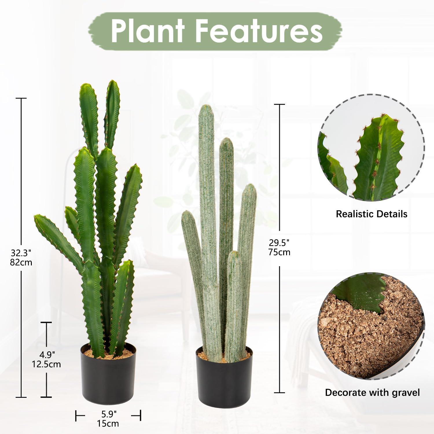 DILATATA Lot de 2 cactus artificiels en pot de 74,9 cm + 82,5 cm de haut « Euphorbia Accruensis Cactus » pour la maison, le jardin, le bureau, la pendaison de crémaillère