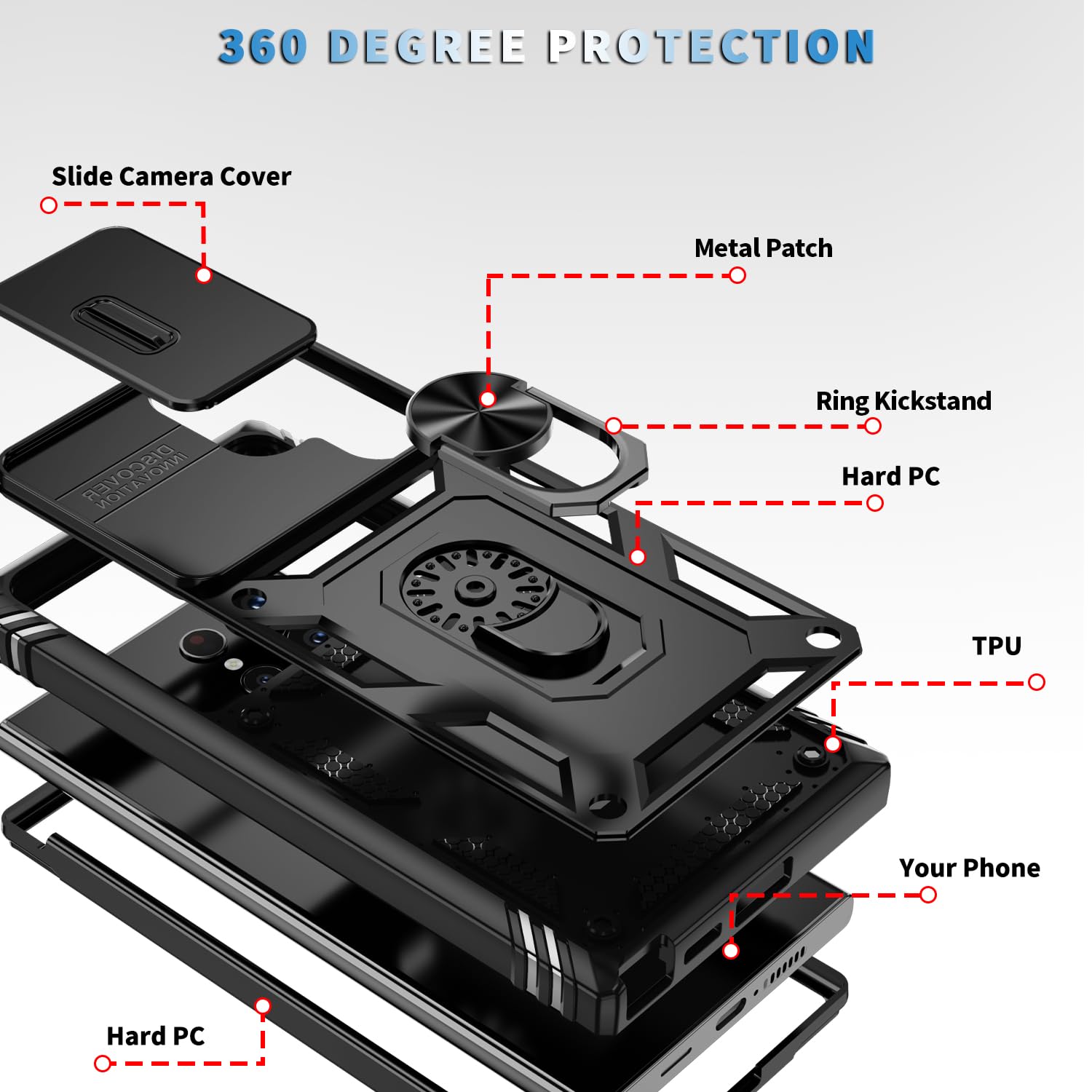 Whyzshiyi IPhone 12 Pro Max Hülle Mit Kamera-Schiebedeckel & Ringhalter – Militärischer Fallschutz, Rot, Nur Für 6.7 Zoll
