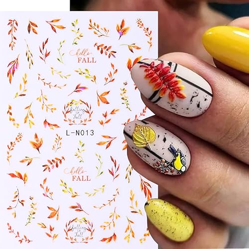 Miniatura 4 de Calcomanías de arte de uñas de otoño, 6 hojas de arce, autoadhesivas, 3D, diseño de hojas de ginkgo, ardilla, calabaza, otoño, suministros de arte