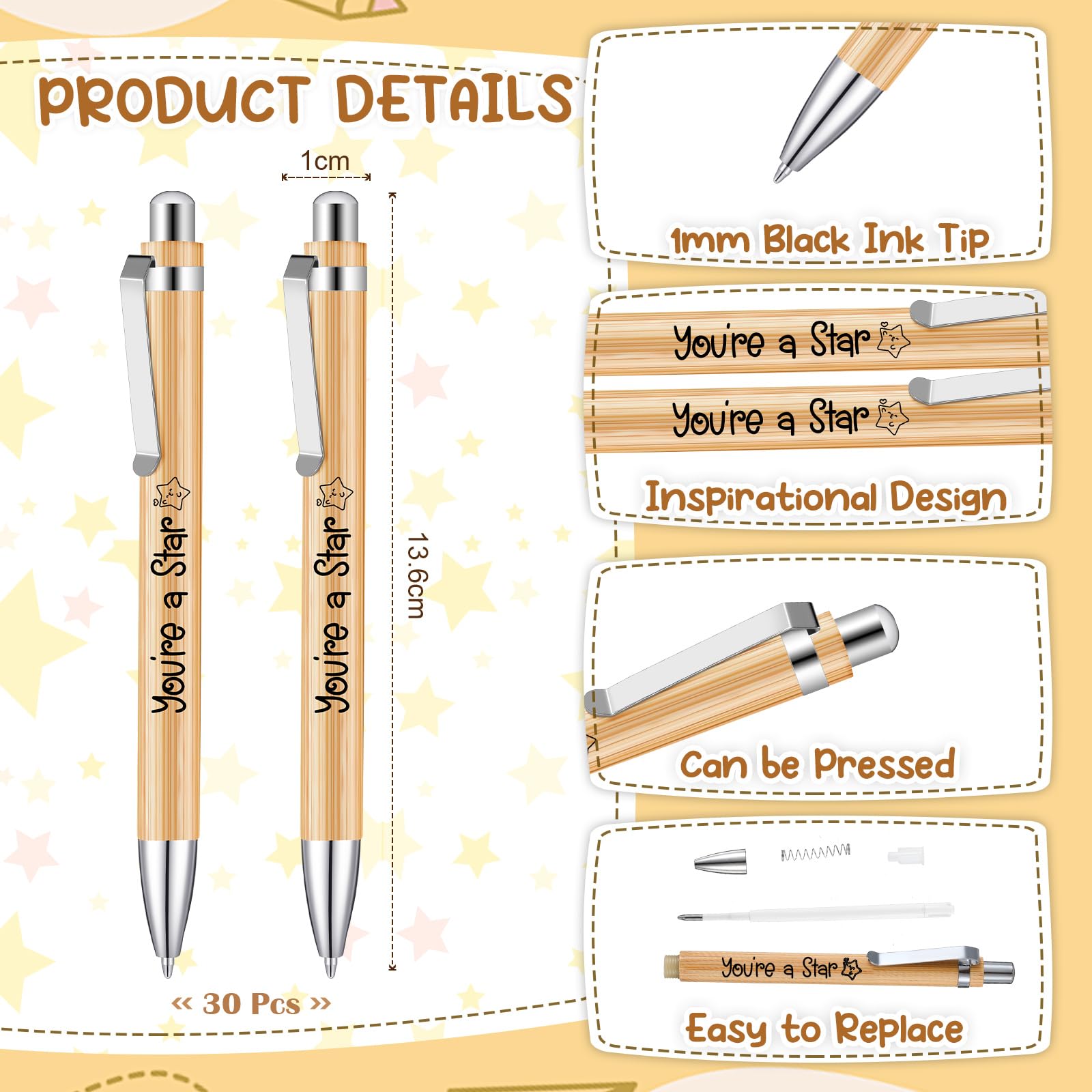 Clabby 30 Sets End of Year School Leavers Gifts Star Notebook 3'' x 5" Inspirational Wooden Pen Motivation You're a Star Keep Shining Gifts for Students from Teachers - Image 3