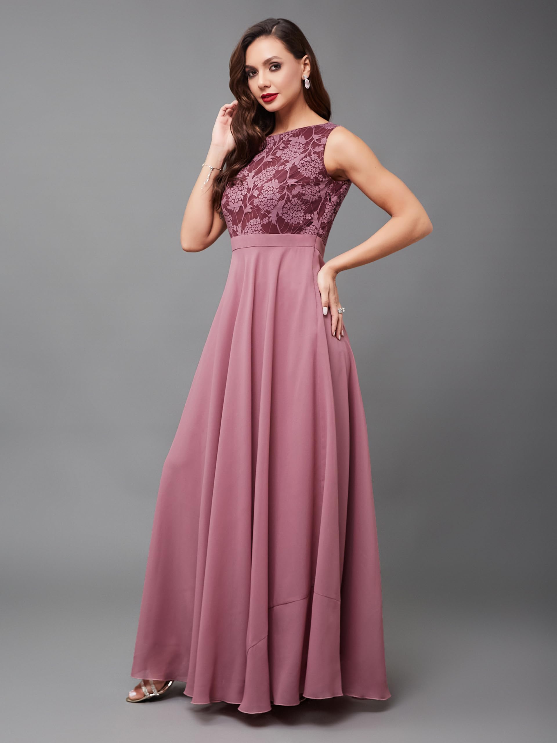 Miss Chase Women's Round Neck Sleeveless Floral Lace Fit & Flare Maxi Dress (Plus (Mcss24D97-10-196-03, Lavender, S)