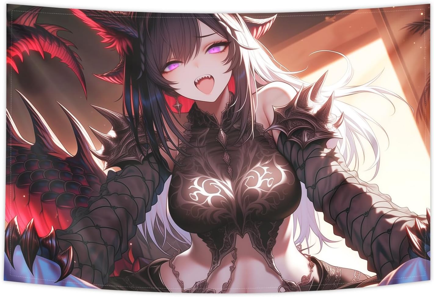 kubaricasy Dark Fantasy Dragon Girl Anime Tapestry Wall Hanging, Sexy Anime Waifu Tapestries, Battle Station Backdrop & Mancave Decor, Bedroom, Gamer Room Setup, Dorm, 150 x 100 cm 60"x40"