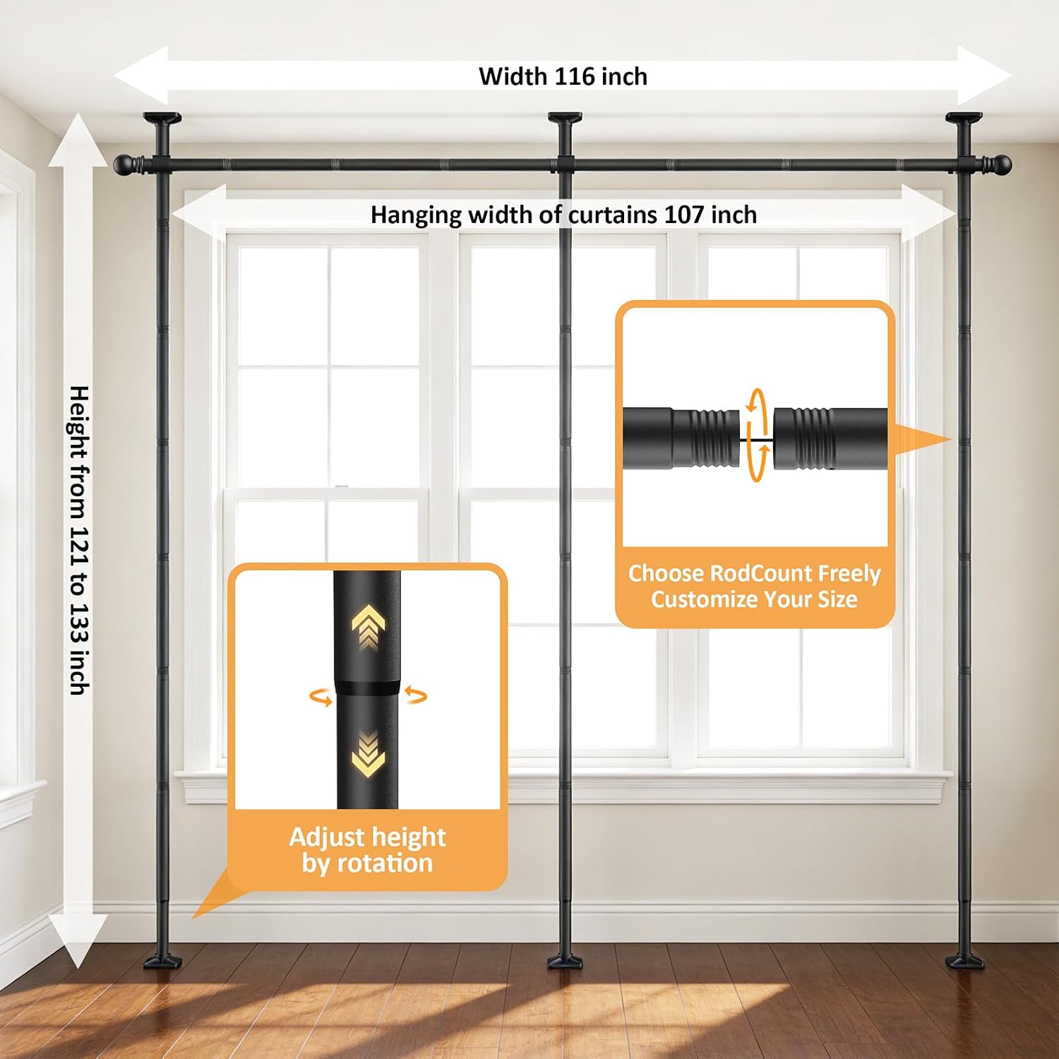 Room Divider Curtain Rod - Heavy Duty Adjustable Curtain Rod for Room Separation, Privacy Room Divider for Bedroom, 5-11ft(H) 28-116inch(W),Easy Install Wall Divider Curtain Rod,Black