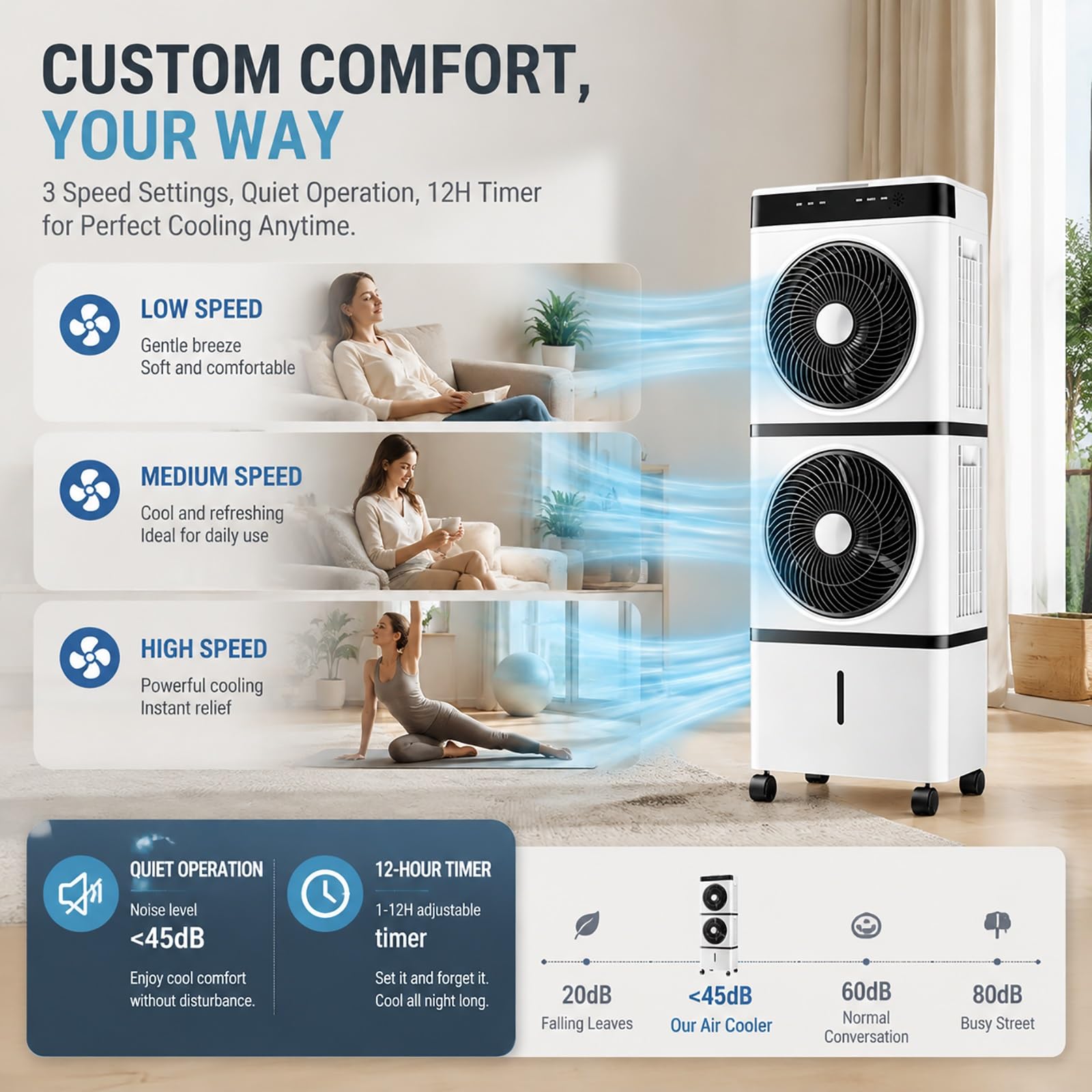 Climatizador Evaporativo Silencioso de 14 L, Temporizador de 12 Horas | Control Remoto, 3 Velocidades, 1200 CFM, 4 Paquetes de Hielo, para Oficinas en Casa