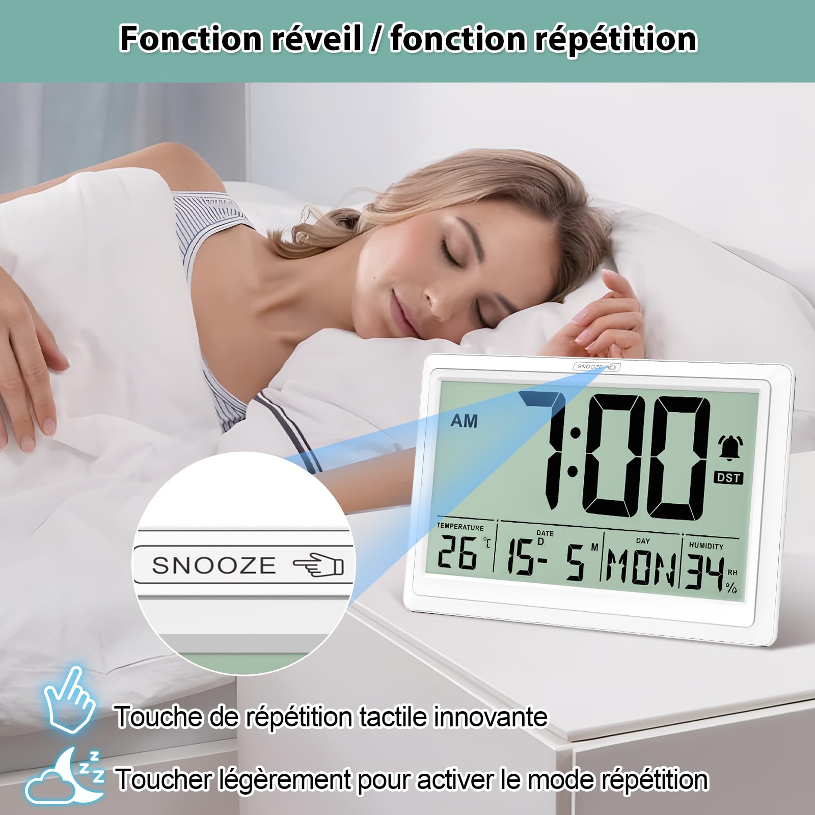 XREXS Horloge Murale Numérique 19,4 x 10,4 cm - Écran LCD HD, Réveil, Température & Humidité, 12/24h