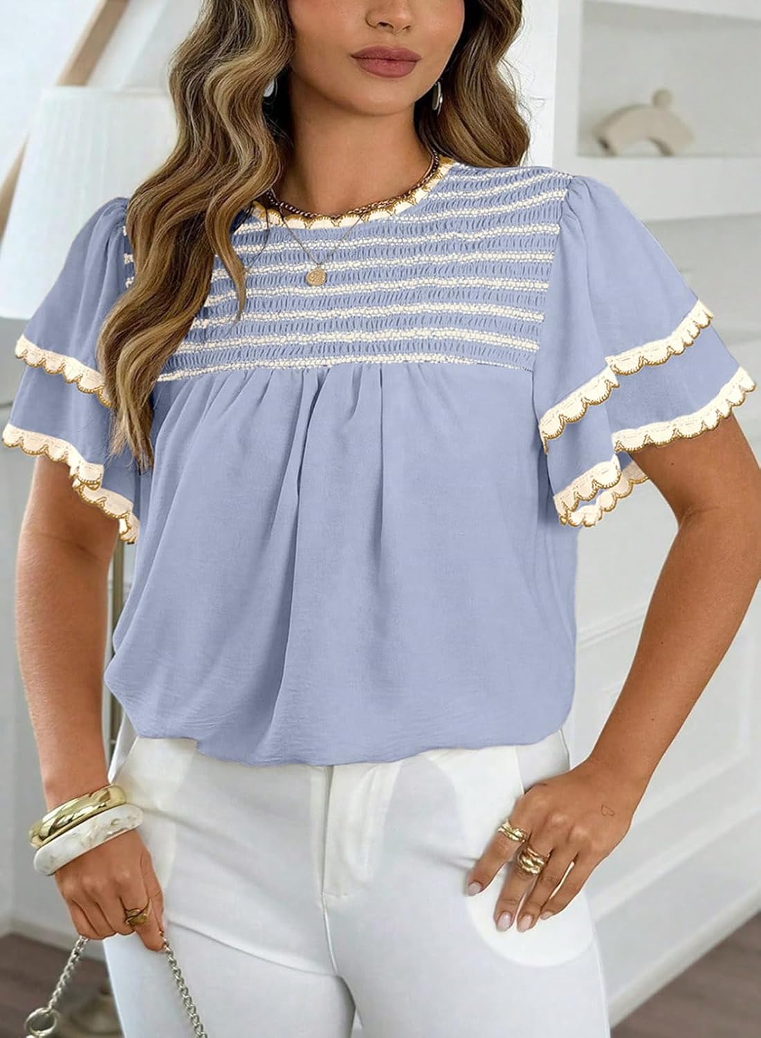 Dokotoo Womens Summer Tops Crewneck Ruffle Short Sleeve Shirts Casual Pleated Blouses Flowy Boho Clothing - Image 3