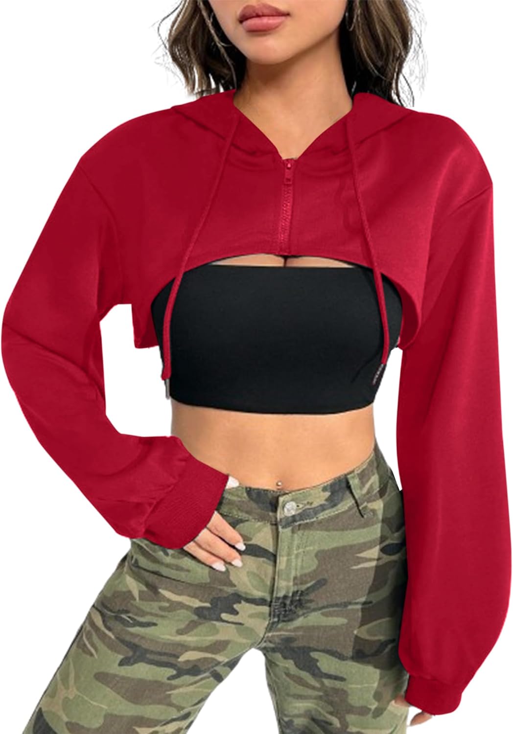 Hilinker Women's Zip Up Long Sleeve Cropped Hoodie Workout Drawstring Super Crop Tops Red X-Large - Image 3