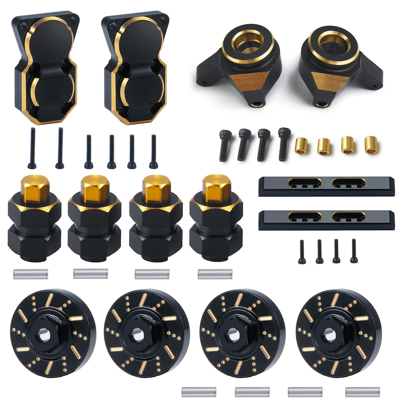 Que-T RC Brass Diff Cover with Front Steering Knuckle,7mm Wheel Hex Hub Extension, Boulder Bars Rails, Wheel Weights Hex Adapter for 1/24 Axial Scx24