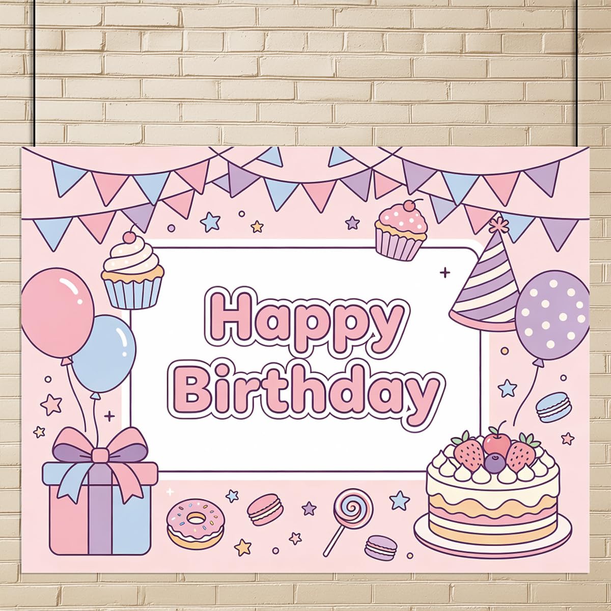 Pastelowe tło Happy Birthday, urocza kreskówka babeczka prezent balon fotografia tło tkanina na przyjęcie urodzinowe dekoracje fotobudki