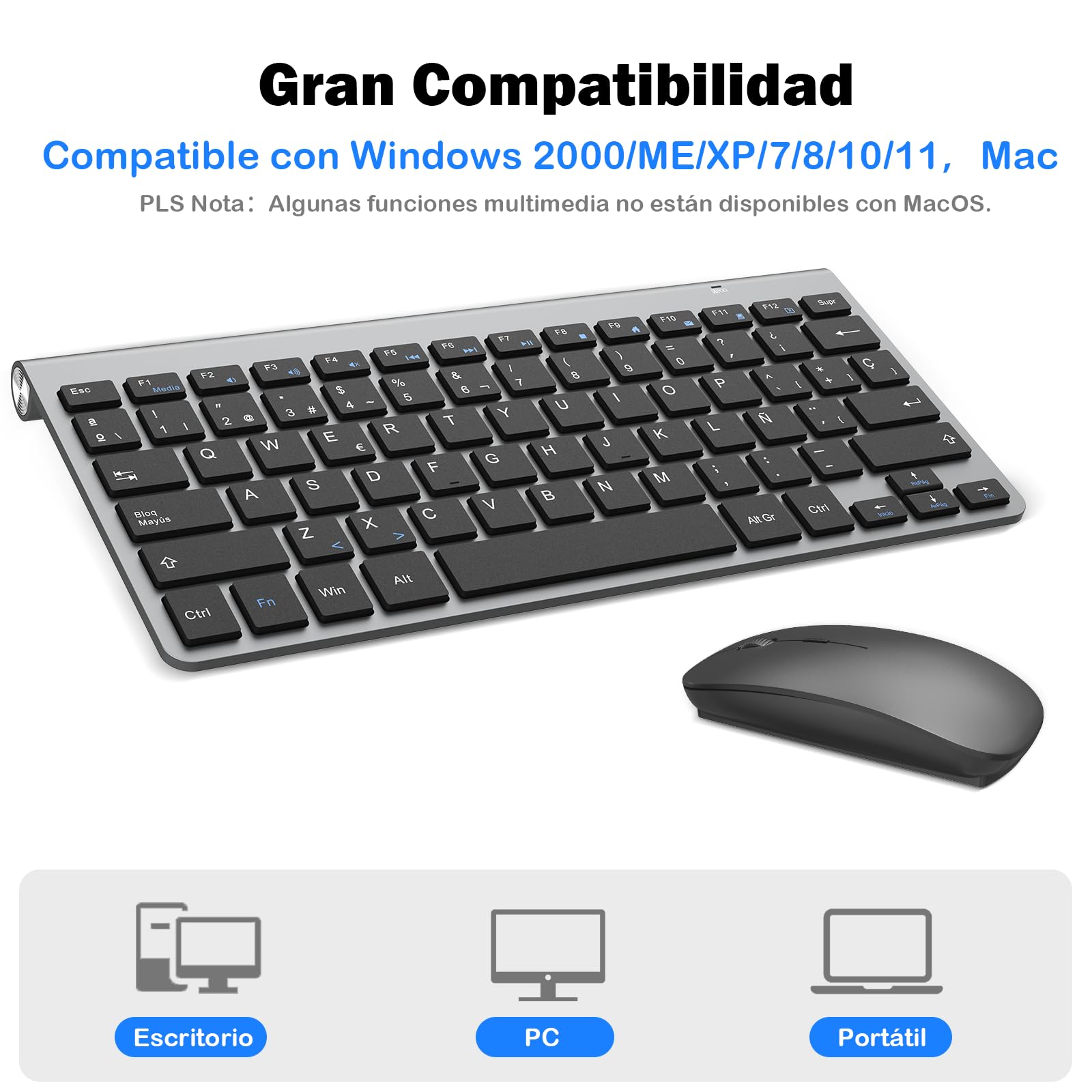PINKCAT Teclado y ratón inalámbricos, 2.4G Set de Teclado Ultrafino y ratón ergonómico silencioso con 12 accesos directos Multimedia para Ordenador, PC, Tableta, Ordenador de sobremesa (Gris Oscuro)
