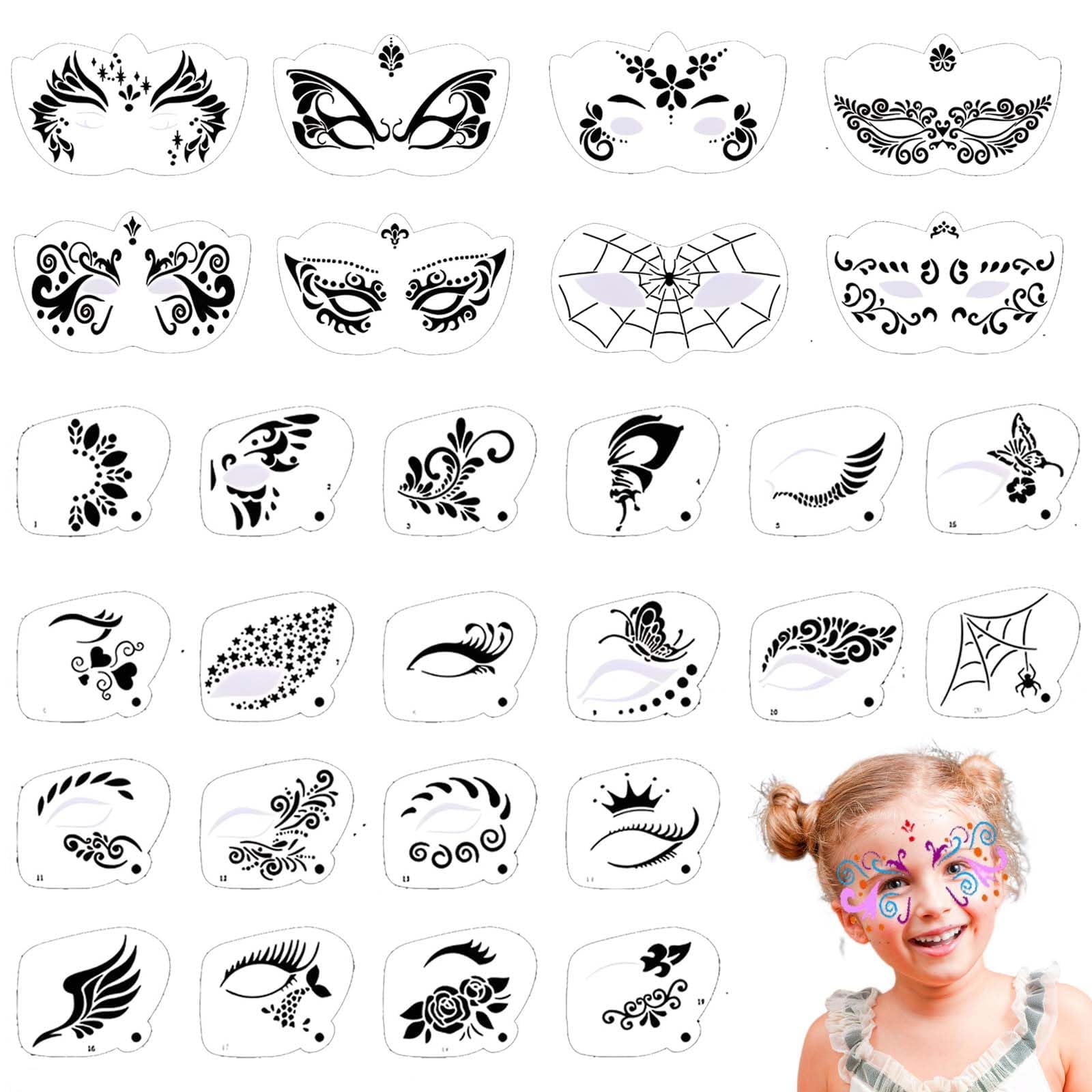 Set Di 28 Stencil Per Pittura Del Viso Riutilizzabili - Per Bambini E Adulti, Halloween, Natale, Feste