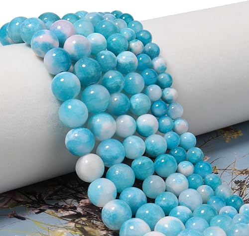 Miniatura 2 de 45 cuentas sueltas de jade persa azul blanco de 0.315 pulgadas para la fabricación de joyas, cuentas semipreciosas naturales redondas y lisas de