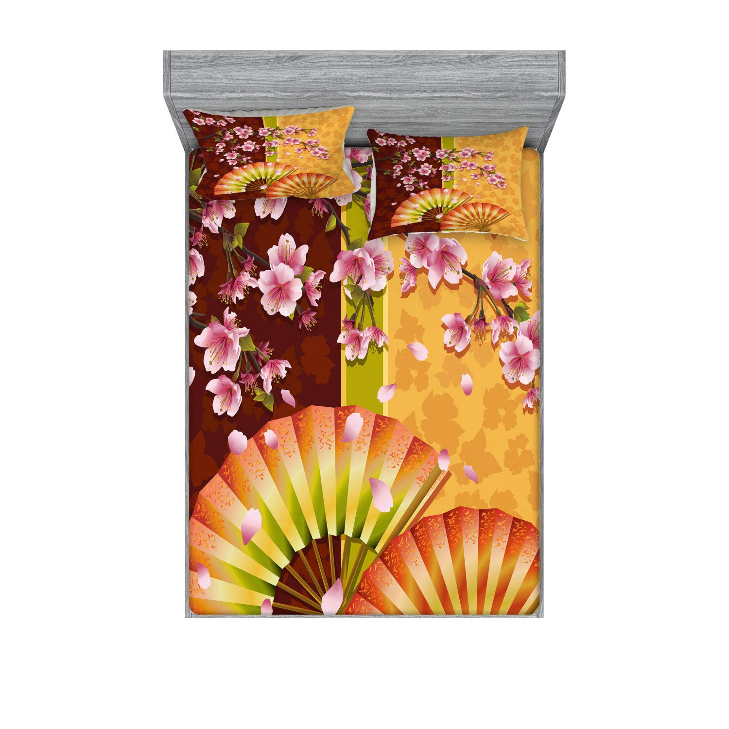 Ambesonne Floral Fitted Sheet & Pillow Sham Set, Composition of Burgeoning Sakura Blooms Japanese Garden Art, Decorative Printed 3 Piece Bedding Decor Set, King, Pale Pink Marigold