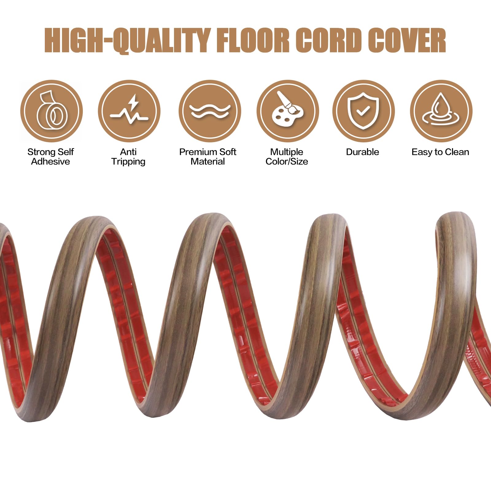 Cubierta de cable de suelo, 0.3 x 0.27 pulgadas, autoadhesiva, para suelo, 3 m, para gestión de cables de suelo, protector de cables eléctricos para oficinas, gimnasio, exposiciones, madera, marrón