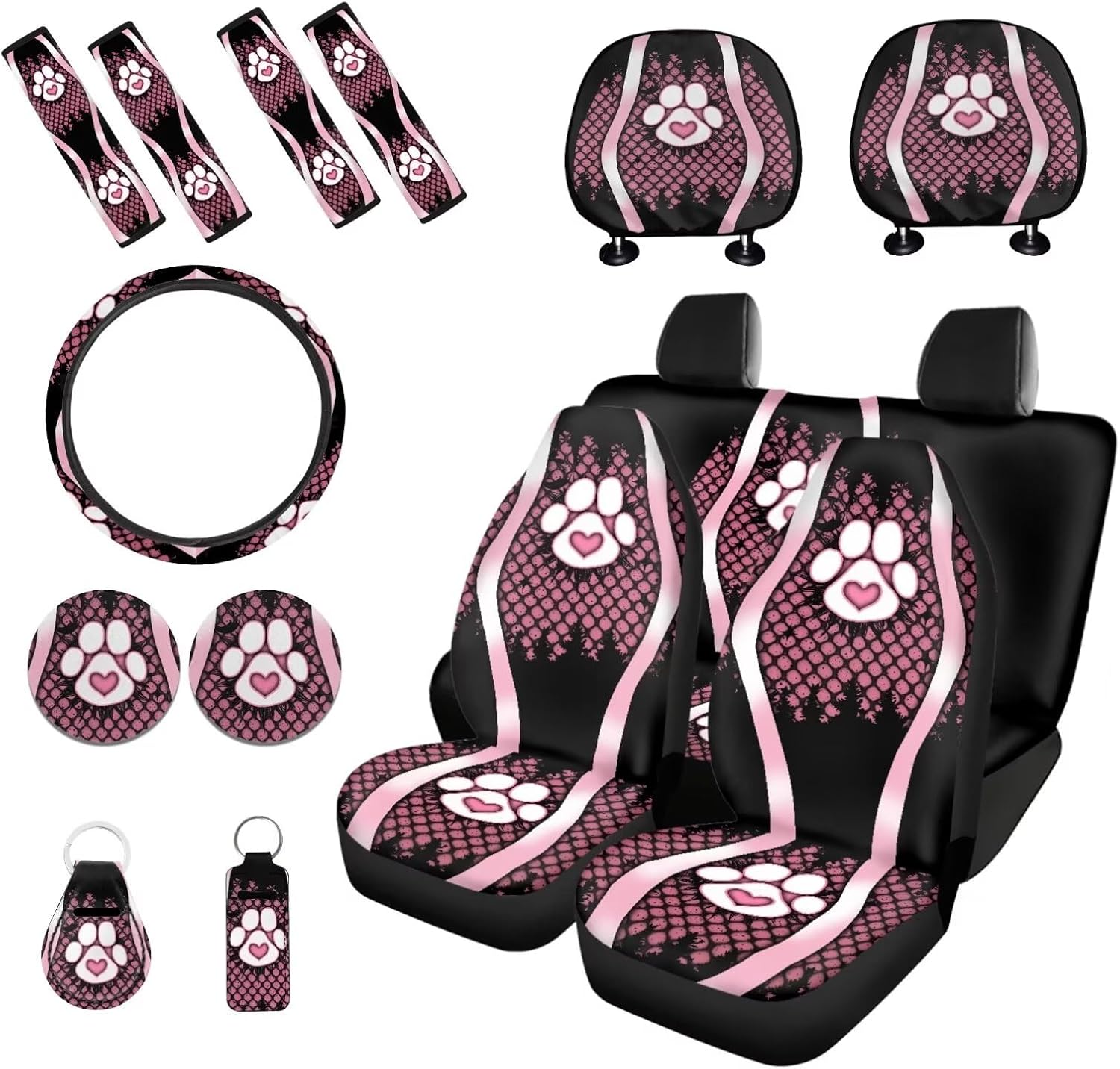 Universal Full Set Automotive Seat Covers for Women Girls, Dog Paw Print Front Back Seat Protector Covers for Dog Lovers with Steering Wheel Cover Seat Belt Covers Headrest Covers, 15Pcs