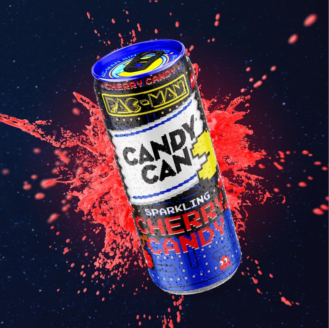 Candy Can Pac-Man Cherry Candy Fizzy Drink,(12 x 330ml Cans), Low
