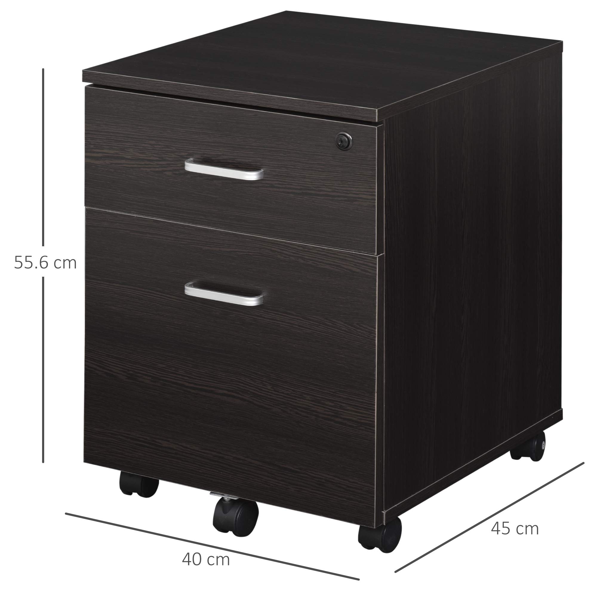 Vinsetto Schedario da Ufficio Cassettiera Per Scrivania in Legno, 2 Cassetti, Serratura con 2 Chiavi, Nero, 40x45x55.6cm