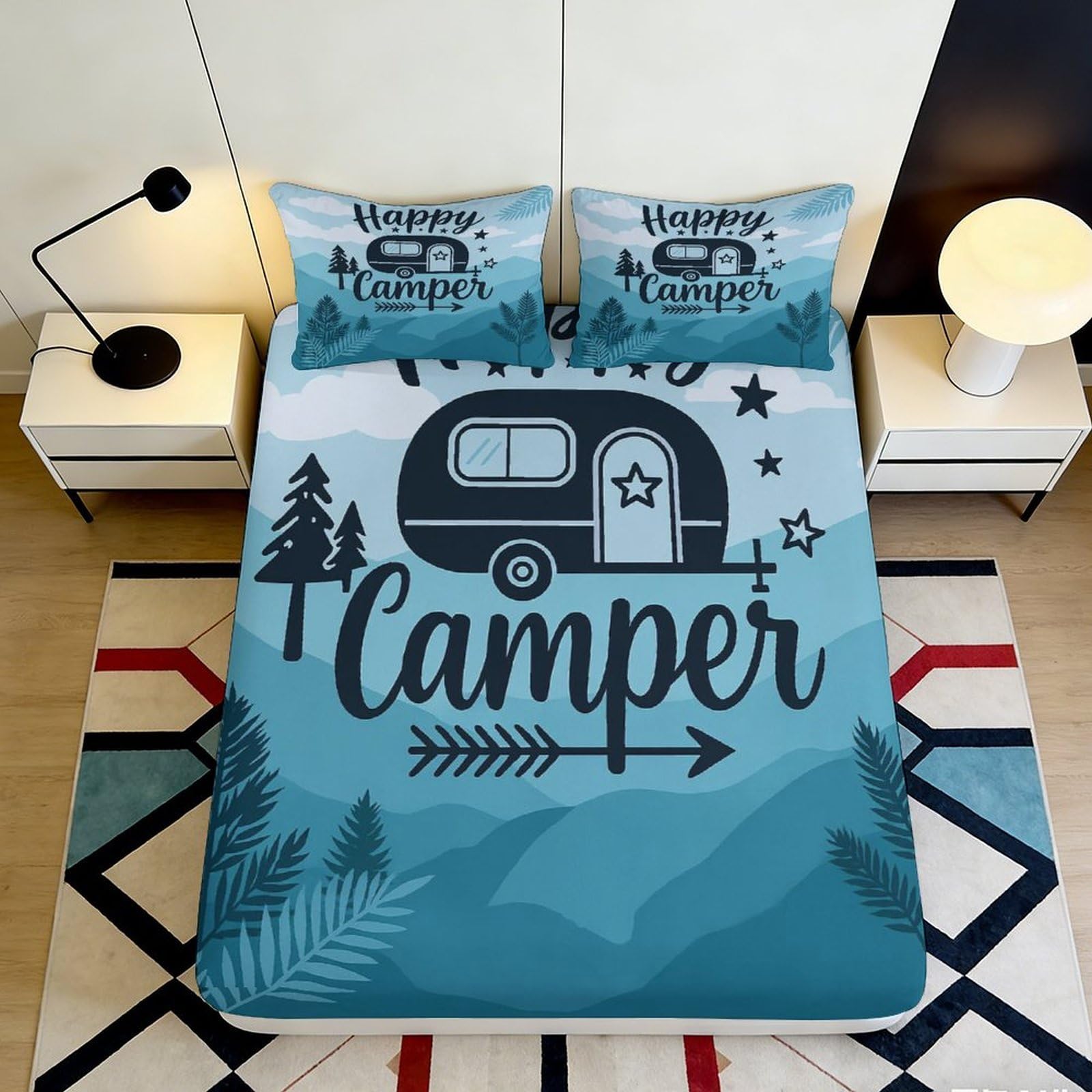 3D Printed Camper Trailer Fitted Sheet Microfiber Soft Blue Forest Bed Cover for Bedroom Dorm Mattress Protection Decor 90x200x25cm