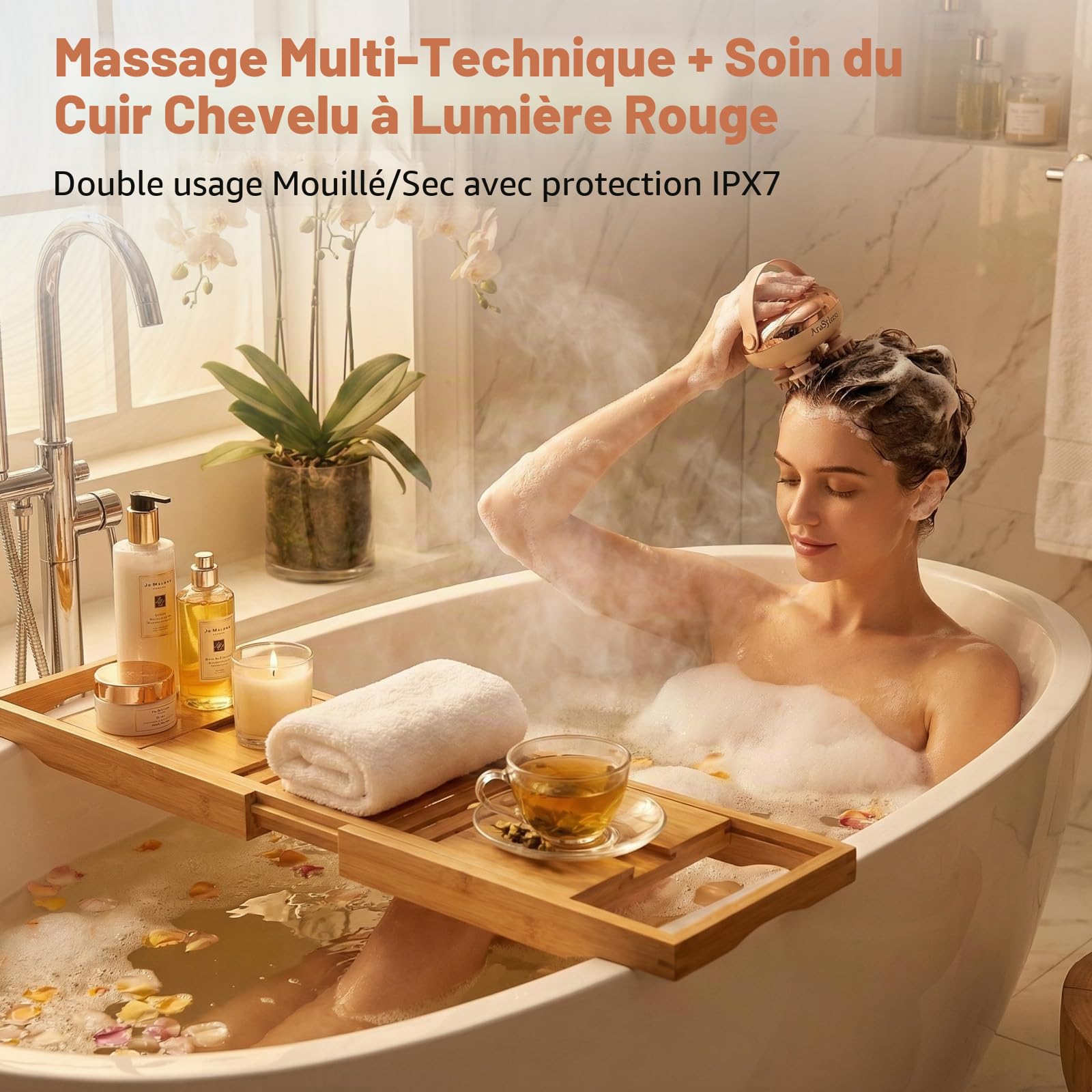 Masseur Électrique Intelligente Cuir Chevelu - Sans Fil, IPX7 Imperméable, 8 Têtes Silicone Interchangeables, Lumière Rouge, pour Soin du Cuir Chevelu et Relaxation Corporelle